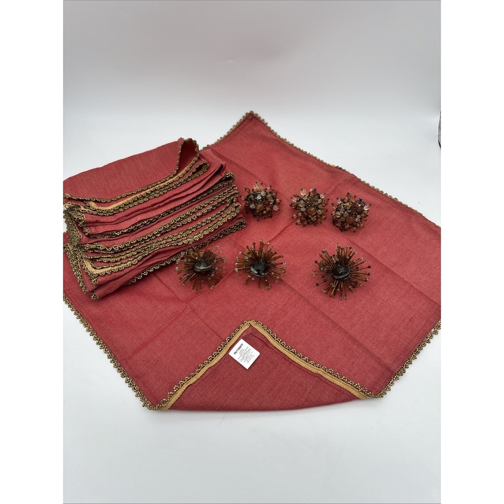 VGT PIER ONE Set Of 6 Beaded Napkin & Rings -  Napkins Sz 20x20" EUC Table Decor